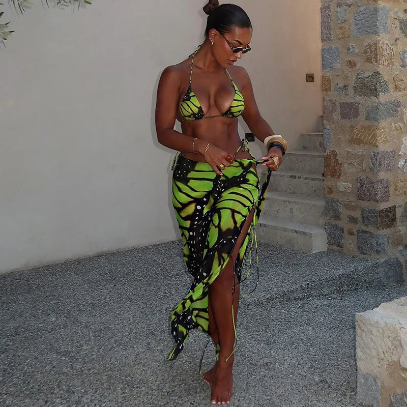 Women's fashion printed long skirt bikini three-piece suit in green with polyester fabric
