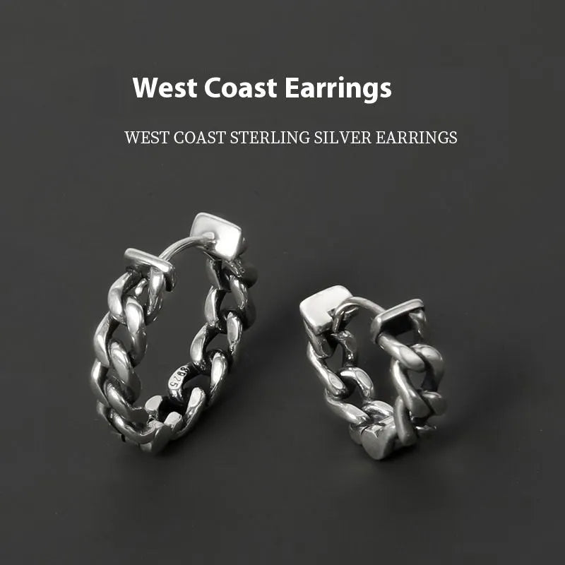 Men's geometric copper hip hop earrings in silver finish, showing 10mm and 14mm size options.