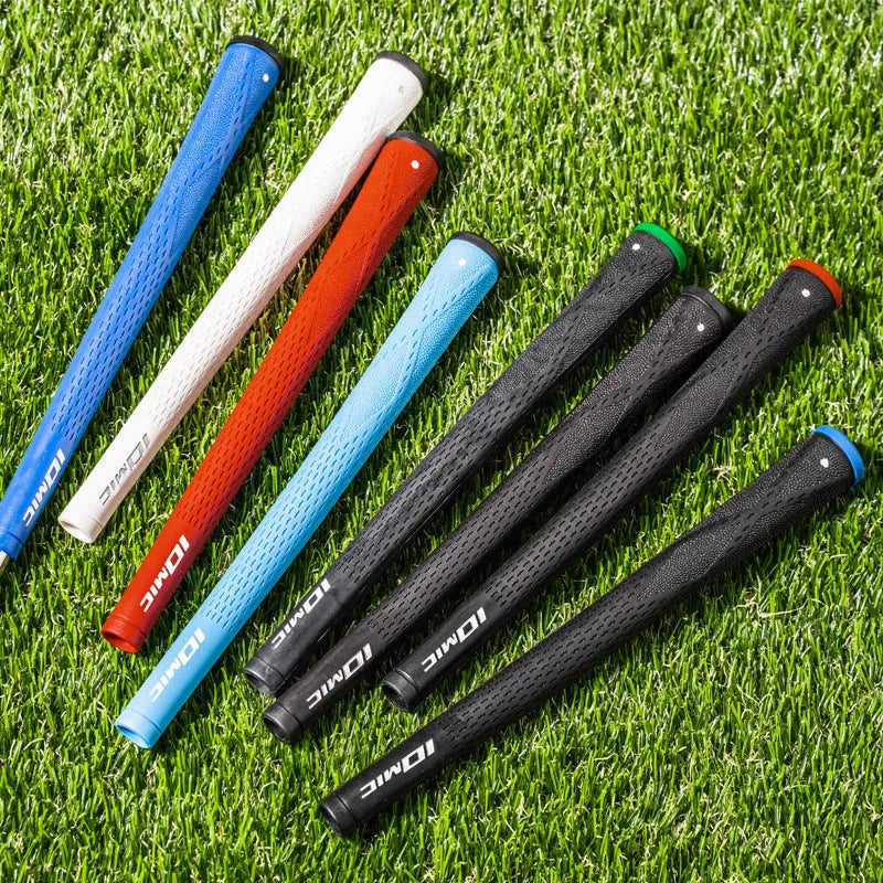 TPE material golf club grip shown in multiple colour options including pink, red, blue, white, and black.