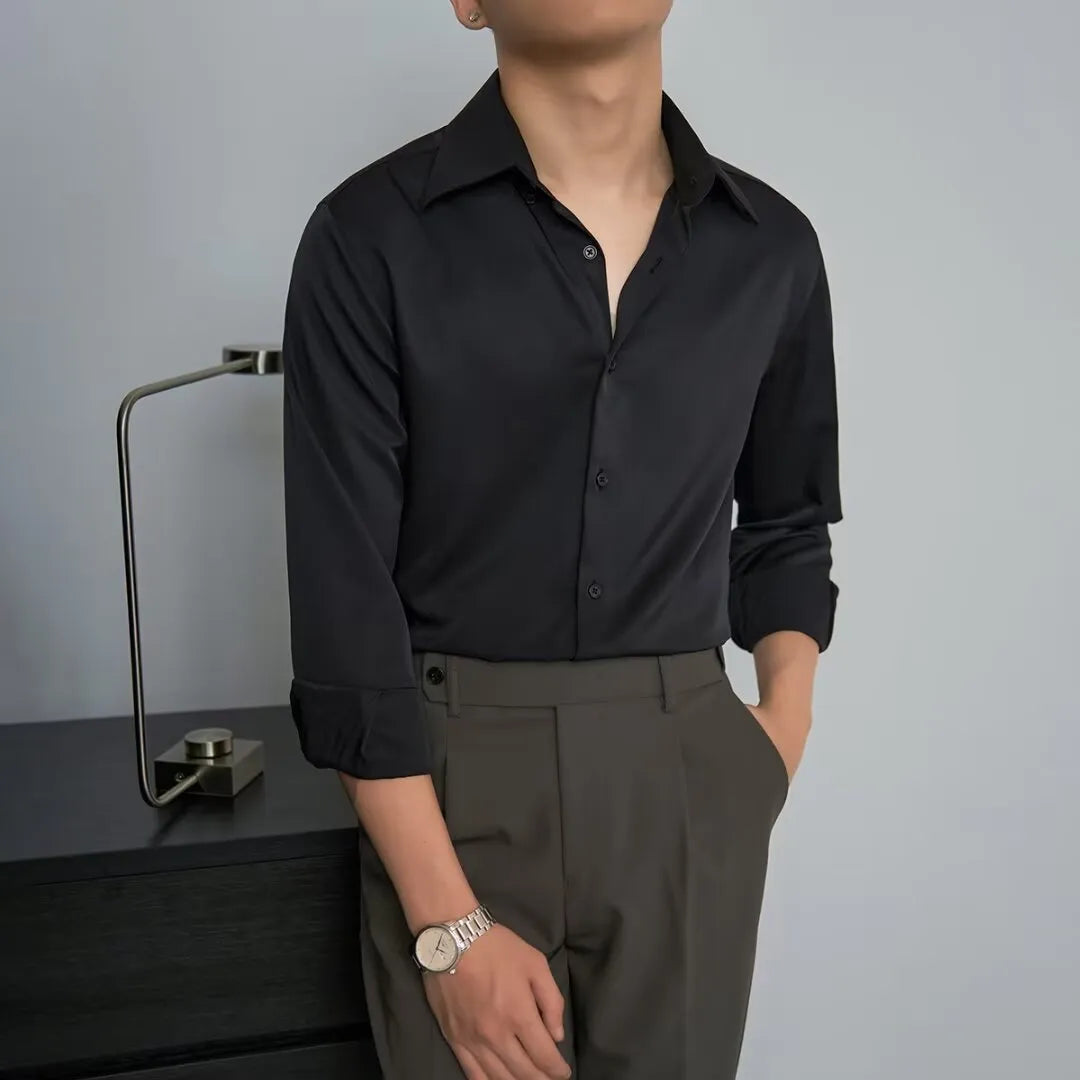 Black men's slim fit long sleeve cardigan shirt in Korean style with Japanese retro design