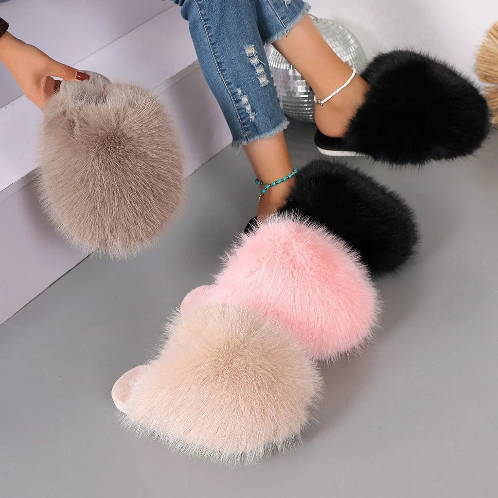 Thickened solid colour baotou slippers with plush upper and rubber sole, available in multiple colours and sizes for couples
