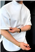 Men's white casual T-shirt with a round hem featuring a button detail, shown in a relaxed fit.