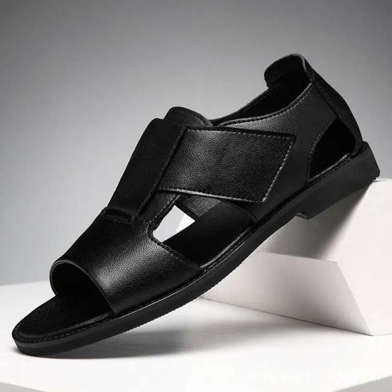 Men's black and brown casual leather sandals with open-toe design and rubber sole.