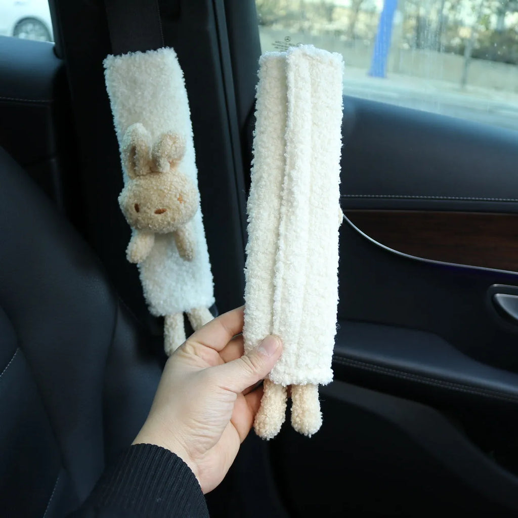 Cartoon animal car seatbelt shoulder protector in lamb wool with rabbit and bear designs