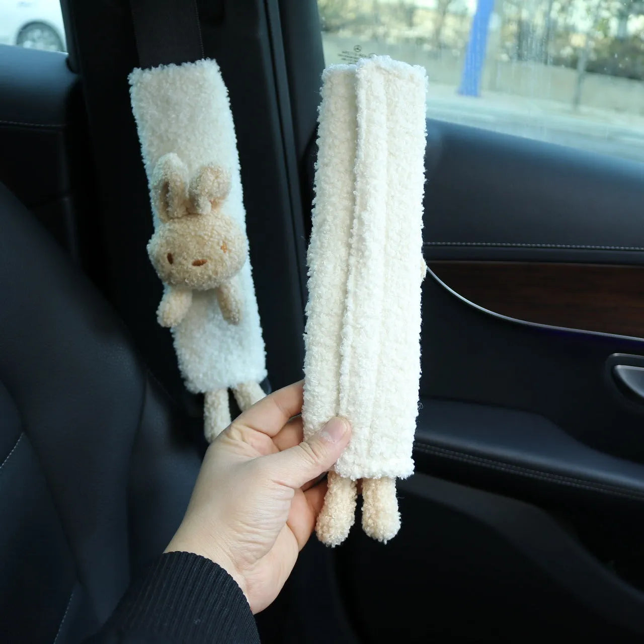 Cartoon animal car seatbelt shoulder protector in lamb wool with rabbit and bear designs