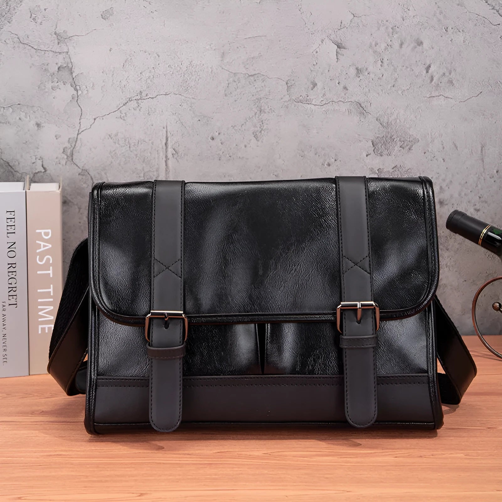 Black Korean style men's commuter backpack with anti-theft function and sewing thread detailing