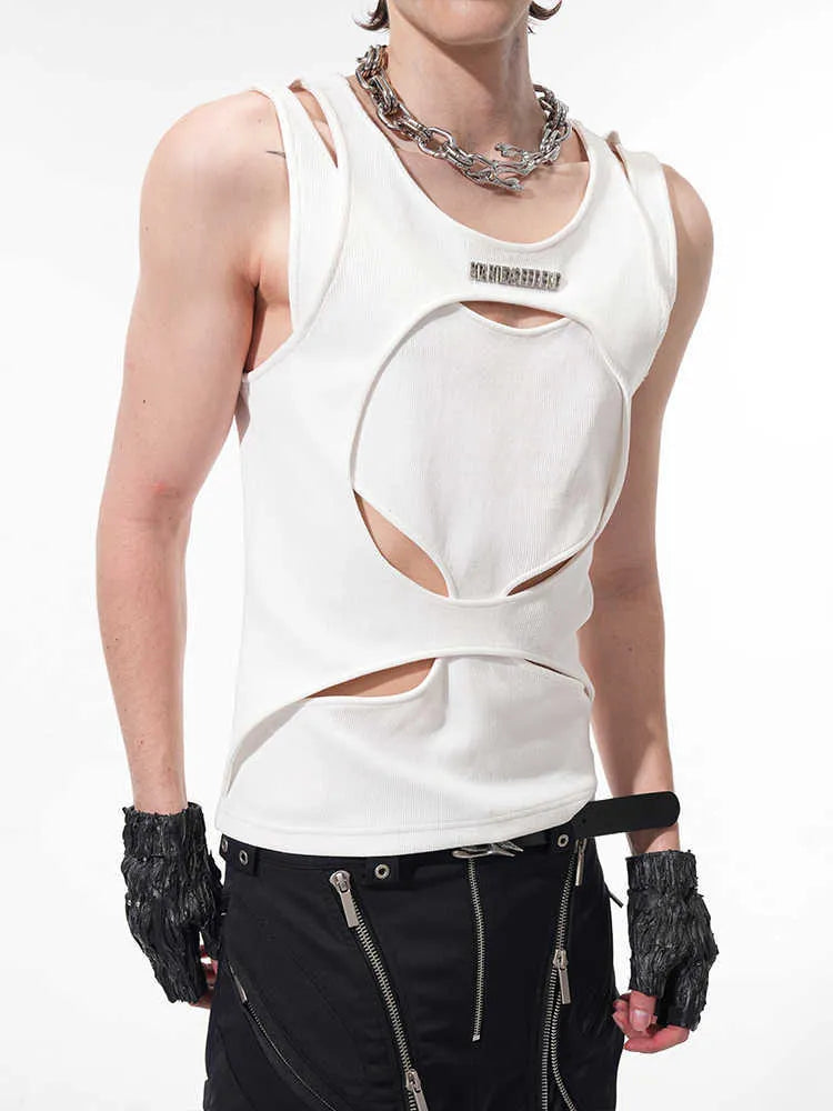 Men's hollow thread sleeveless waistcoat vest in black and white colours