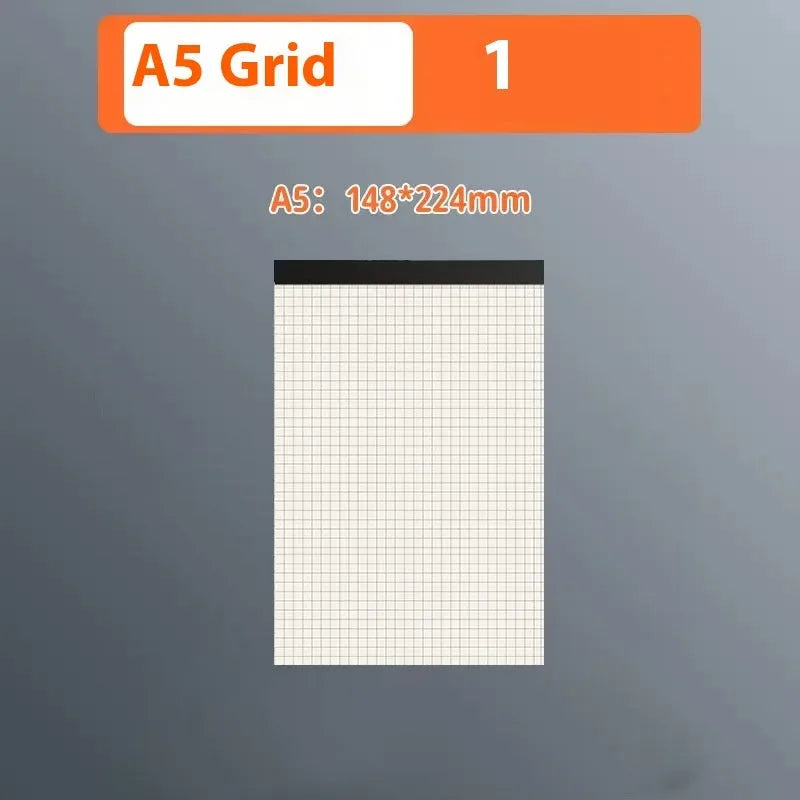 Set of A5, B5, and A4 writing pads showing blank, grid, and horizontal line page styles.