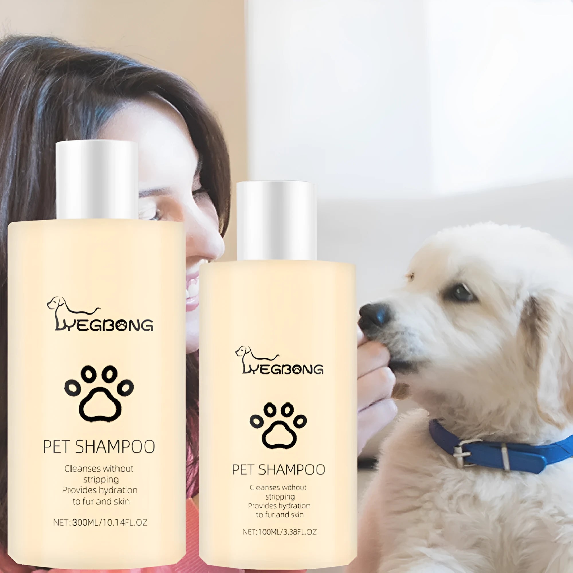 Bottle of mild pet shampoo for dogs in 100ml or 300ml size for gentle cleaning and detangling