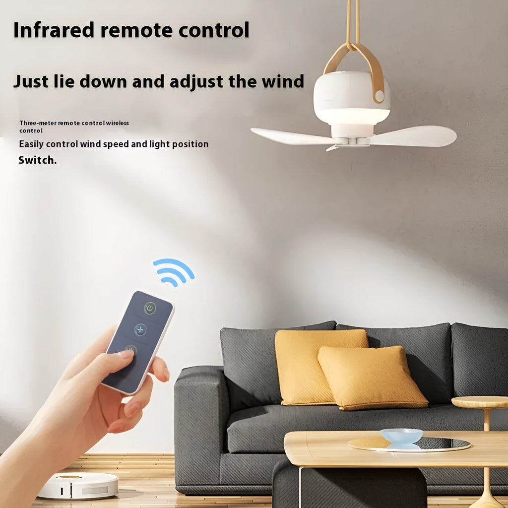 Small rechargeable camping fan with night light and remote control mounted with wire bracket