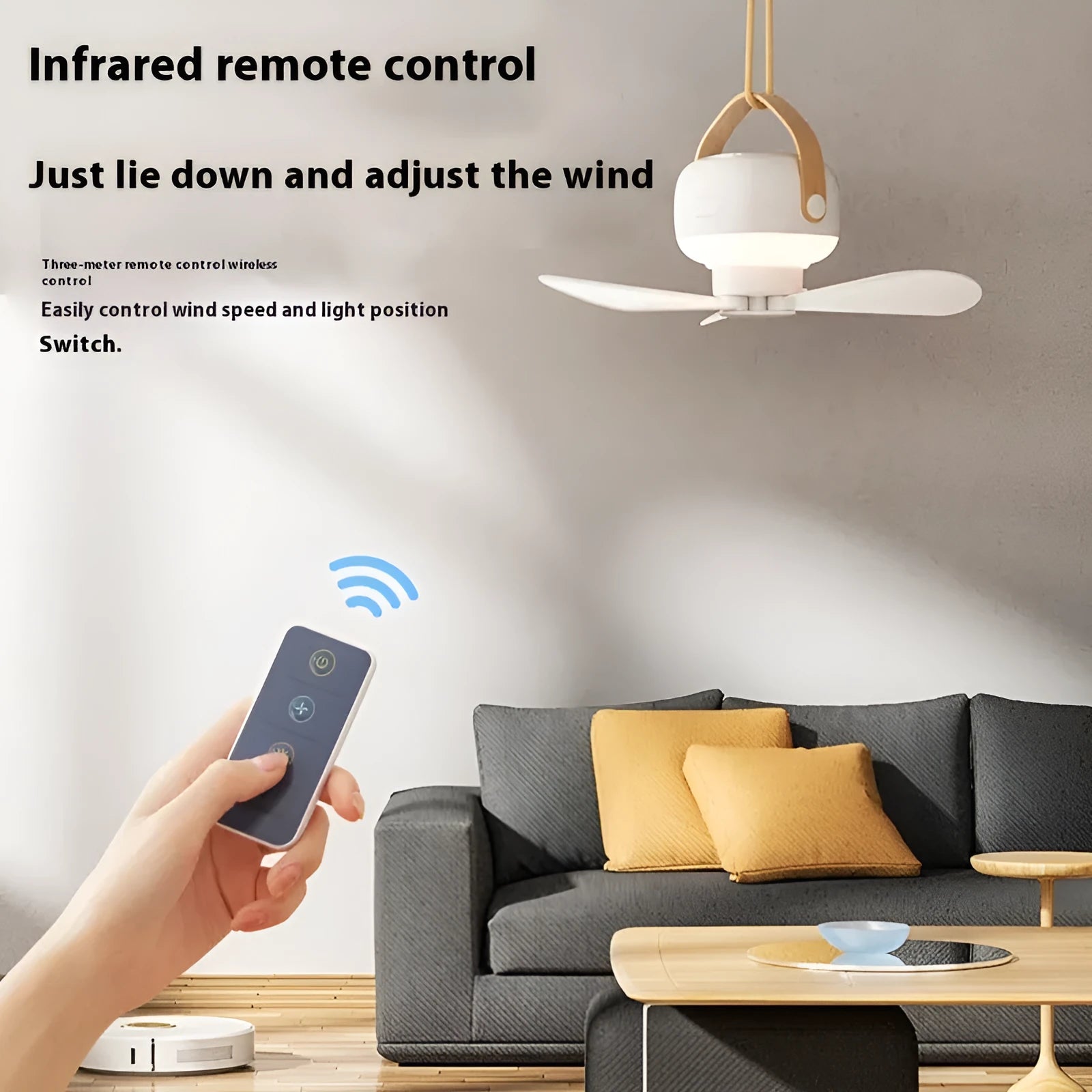 Small rechargeable camping fan with night light and remote control mounted with wire bracket