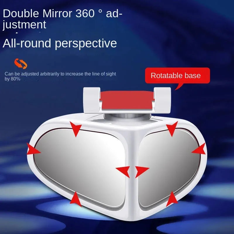 Adjustable wide-angle car reversing mirror in black, shown with adhesive backing.