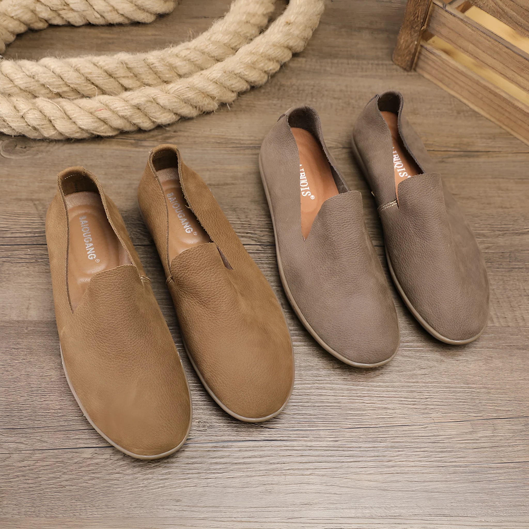 Handmade men's casual shoes in cowhide leather with wedge heel, shown in khaki colour