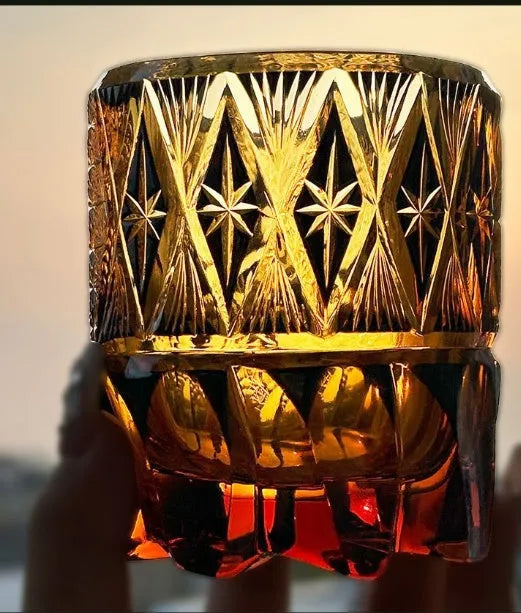 Handmade carved crystal wine glass in ginger yellow colour with retro style, 95mm tall, 340ml capacity