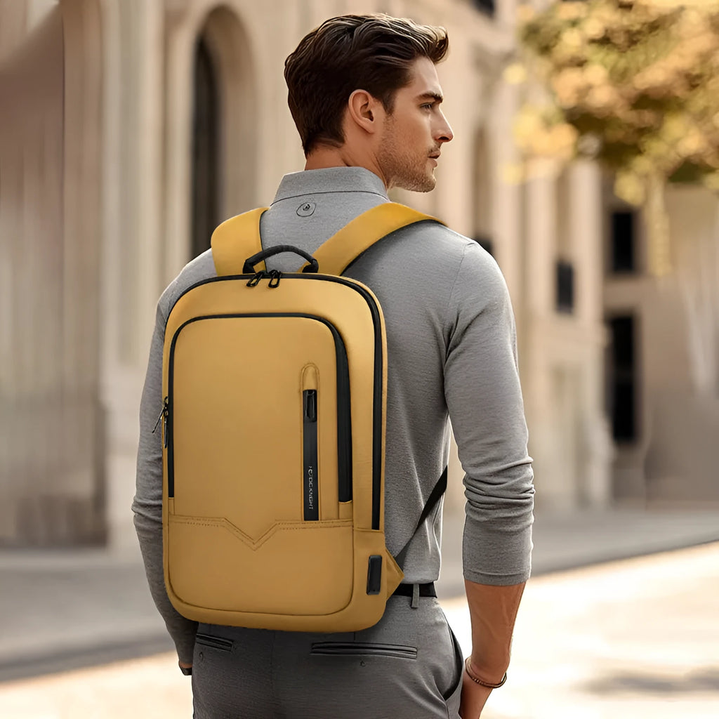 Lightweight polyester laptop backpack with USB charging port in olive green colour