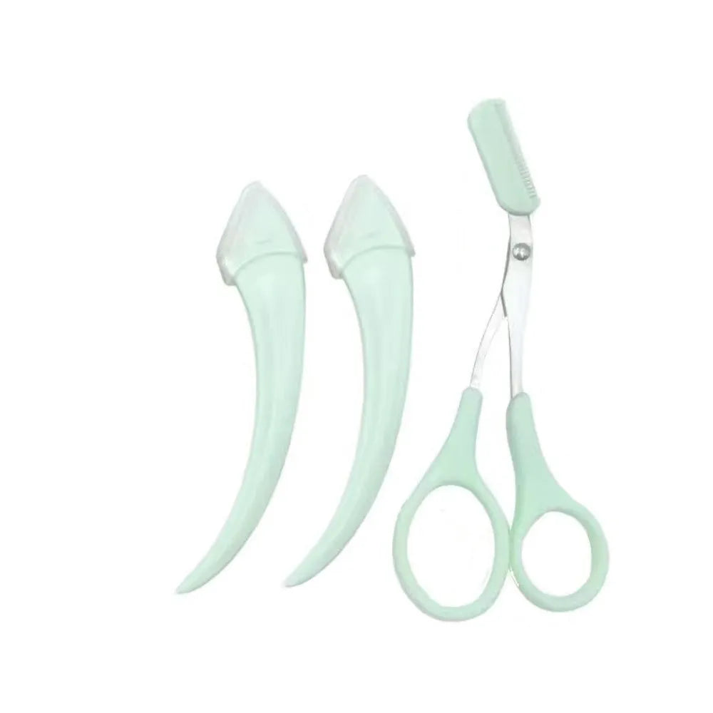 White and pink curved moon-shaped eyebrow trimming knife with a comb on a white background.