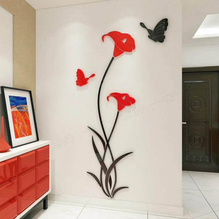 3D lily acrylic wall sticker in pink colour showing dimensional floral design