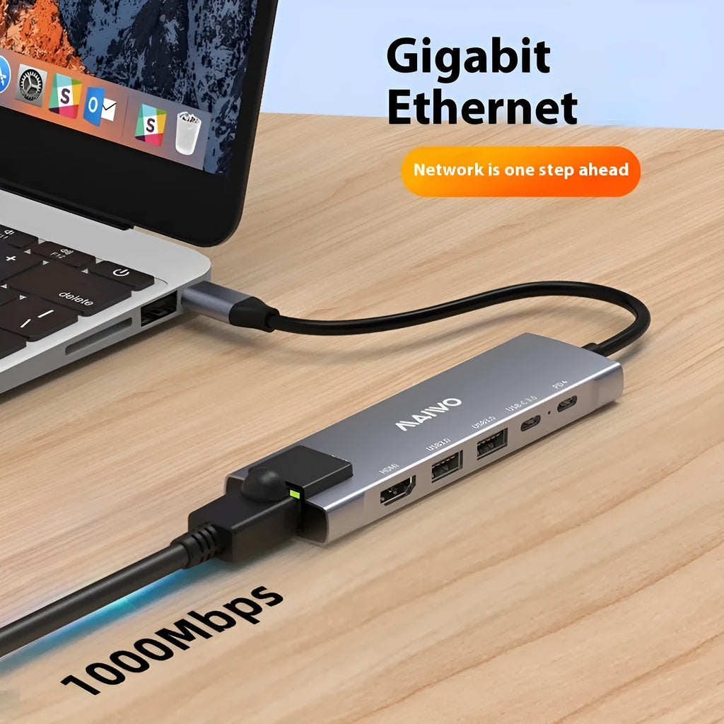Aluminium alloy Steam Deck six-in-one docking station with 15cm cable, showing HDMI and Ethernet ports.