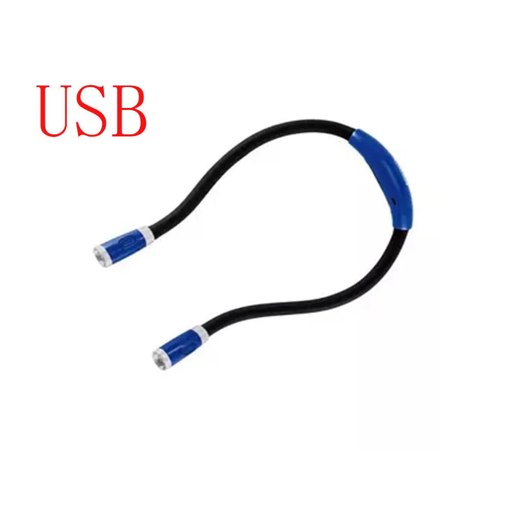 Flexible neck hug book light with LED reading lamp in three colour options: black, blue, green, and red on a table