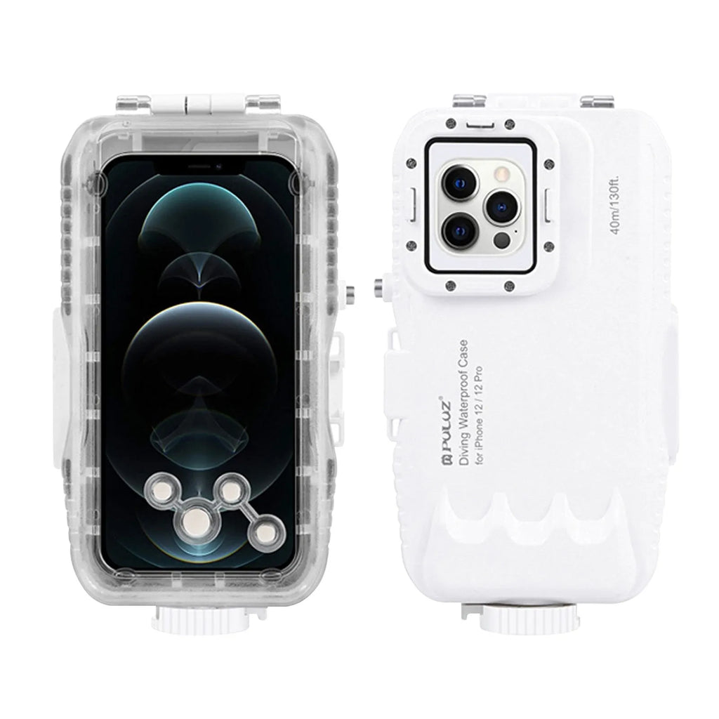 White waterproof diving phone case with 40 metre depth rating for iPhone 12 and 13 series
