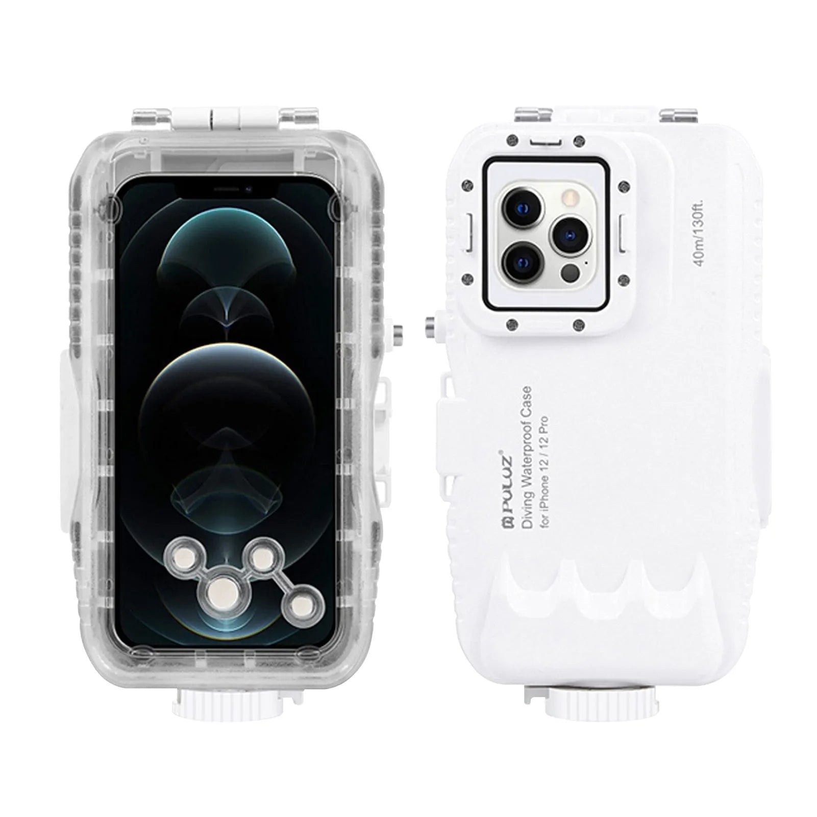 White waterproof diving phone case with 40 metre depth rating for iPhone 12 and 13 series