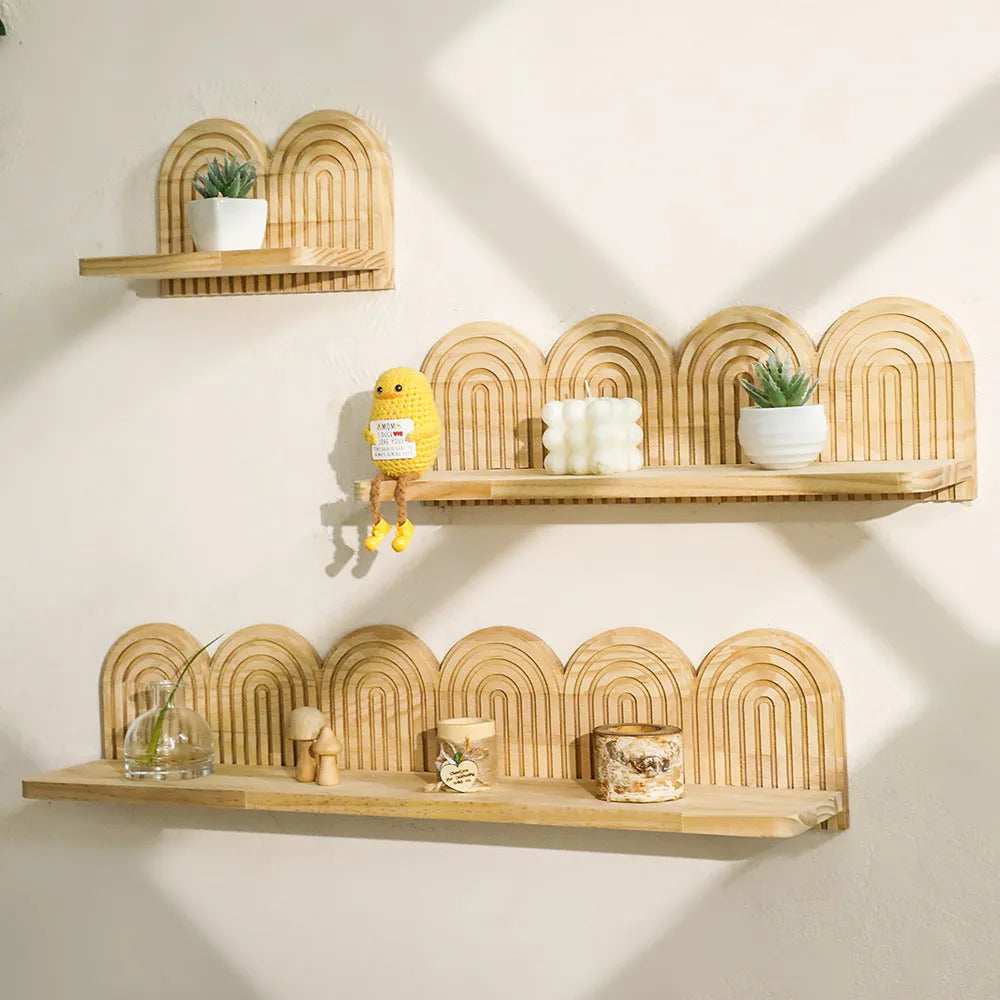Solid wood multi-layer wall storage rack displaying flower pots in hanging pendant design