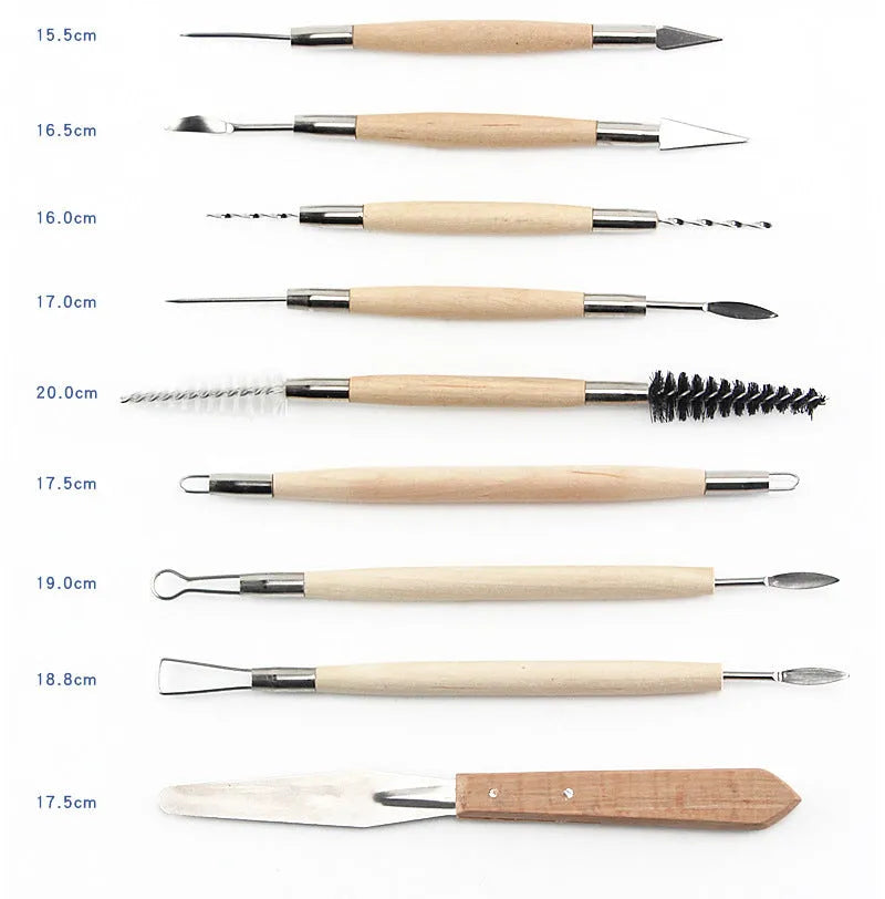 Brown 27-piece pottery tool set with storage roll, containing wood, stainless steel, and plastic clay modelling tools.