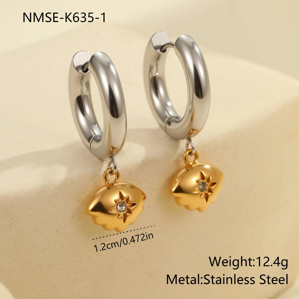 Christmas tree shaped stainless steel earrings with 18K gold electroplated finish and heart star geometric accents