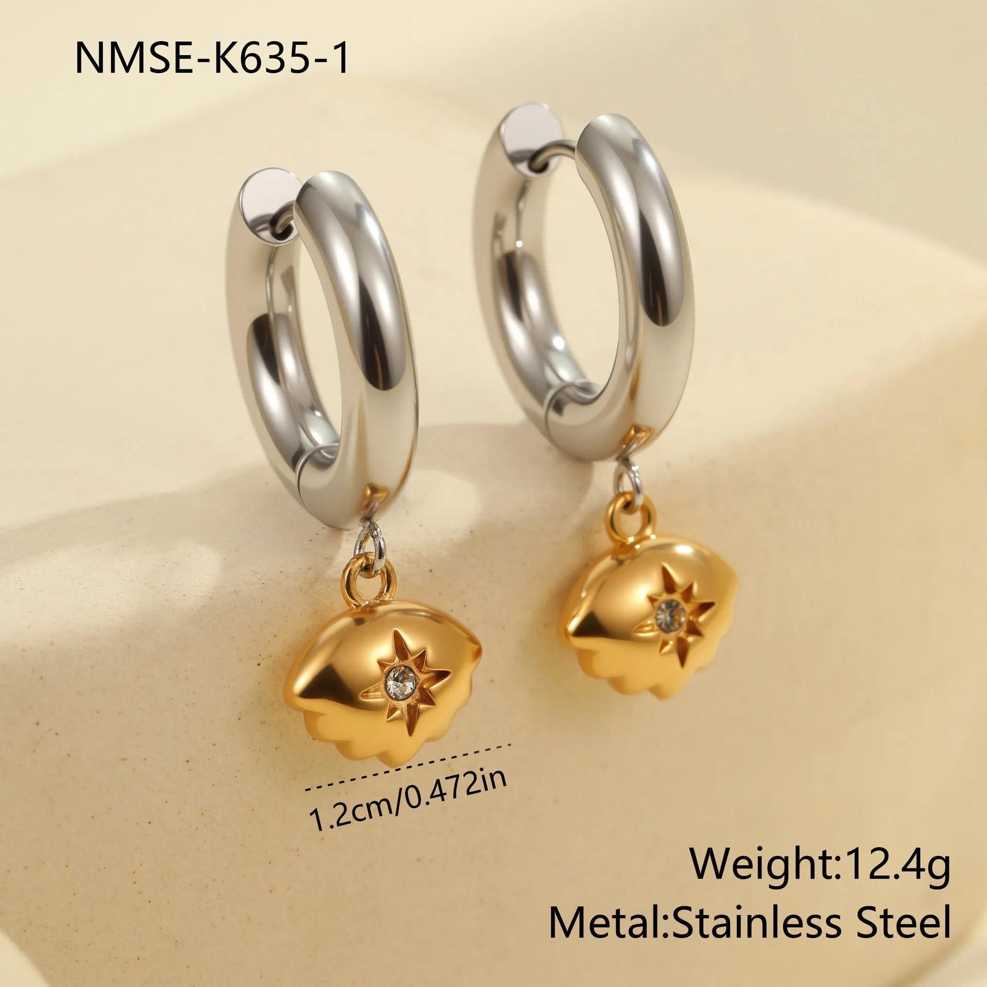 Christmas tree shaped stainless steel earrings with 18K gold electroplated finish and heart star geometric accents