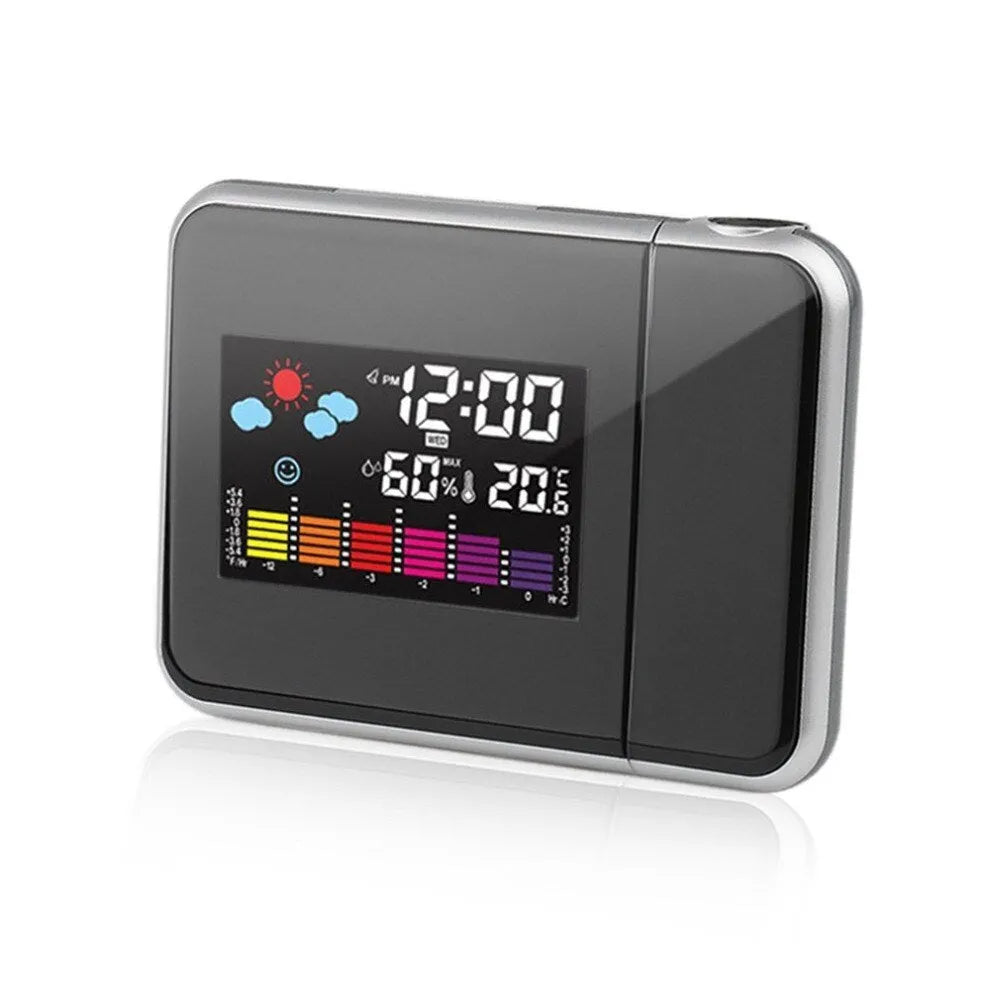Black digital projection alarm clock with multicolour LED display measuring 15x11x2.5cm