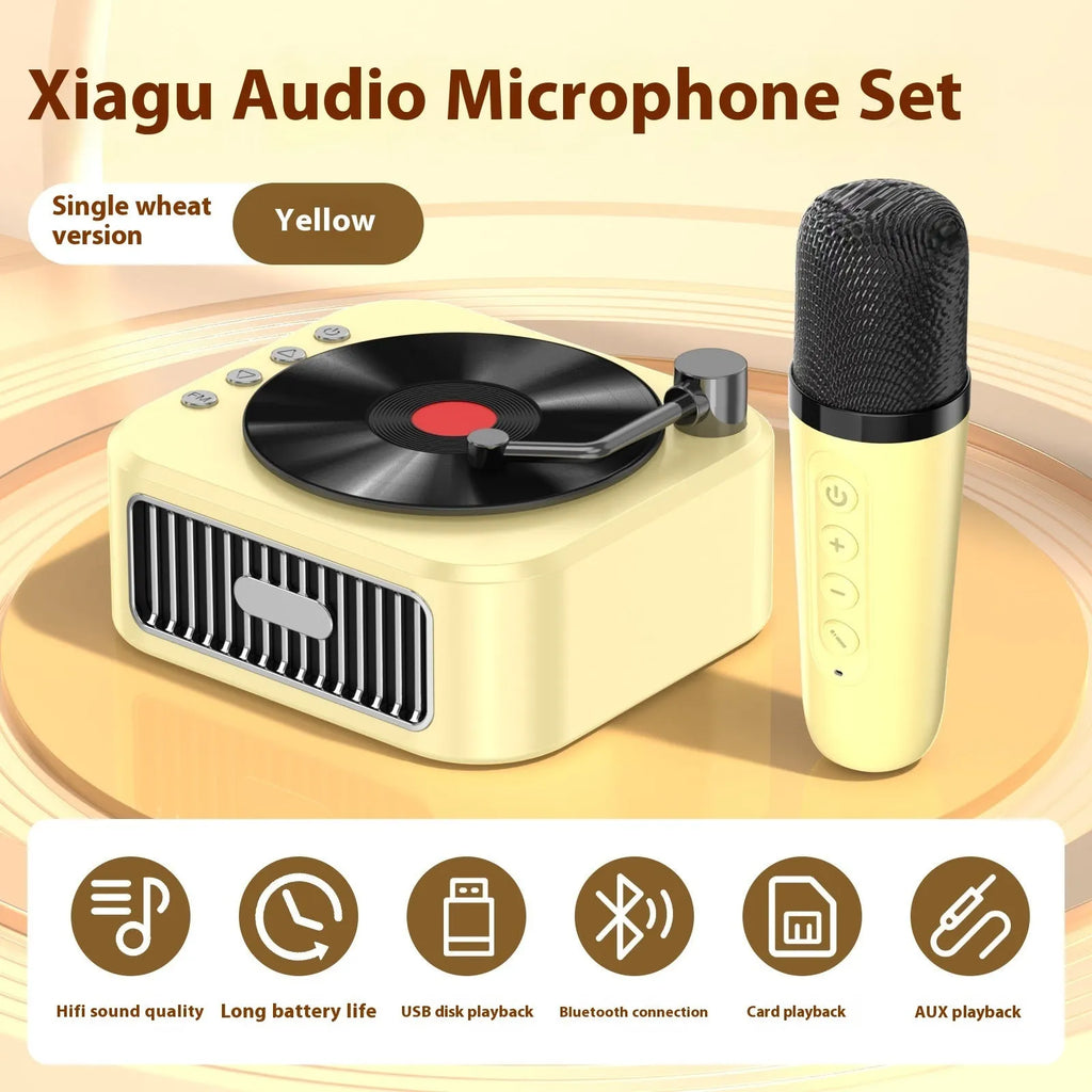 Retro jukebox-style Bluetooth speaker in sunset pink with vinyl record design and karaoke microphone.