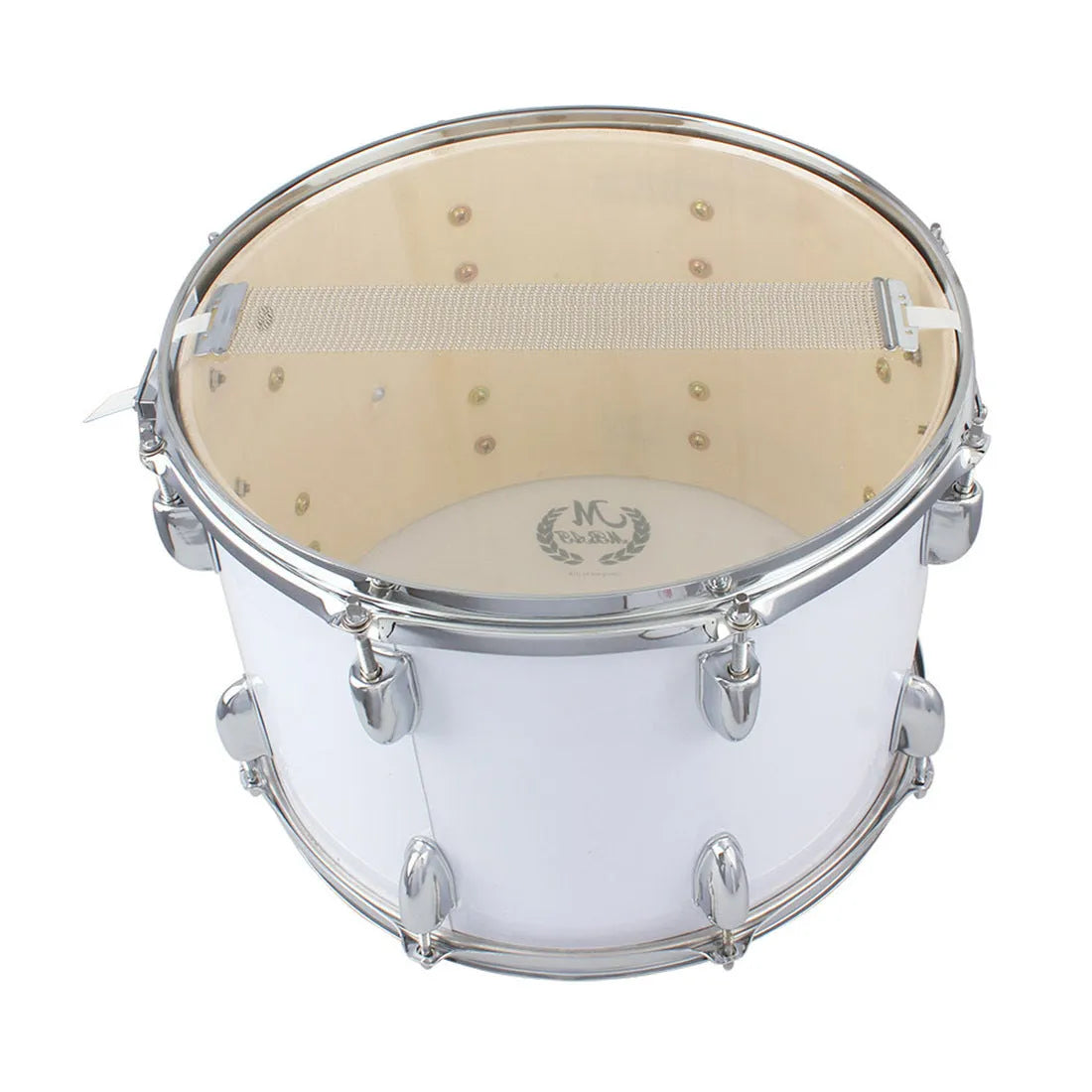 Mebet 14-inch white stainless steel snare drum with strap and drum stick on flat surface