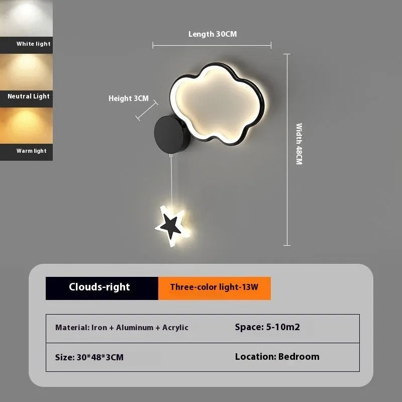 Children's cloud and star themed LED bedside wall lamp in black or white.