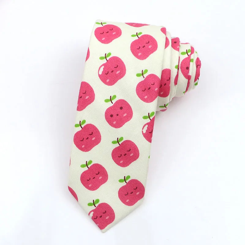 Narrow Korean-style cotton bow tie with a printed cartoon pattern.