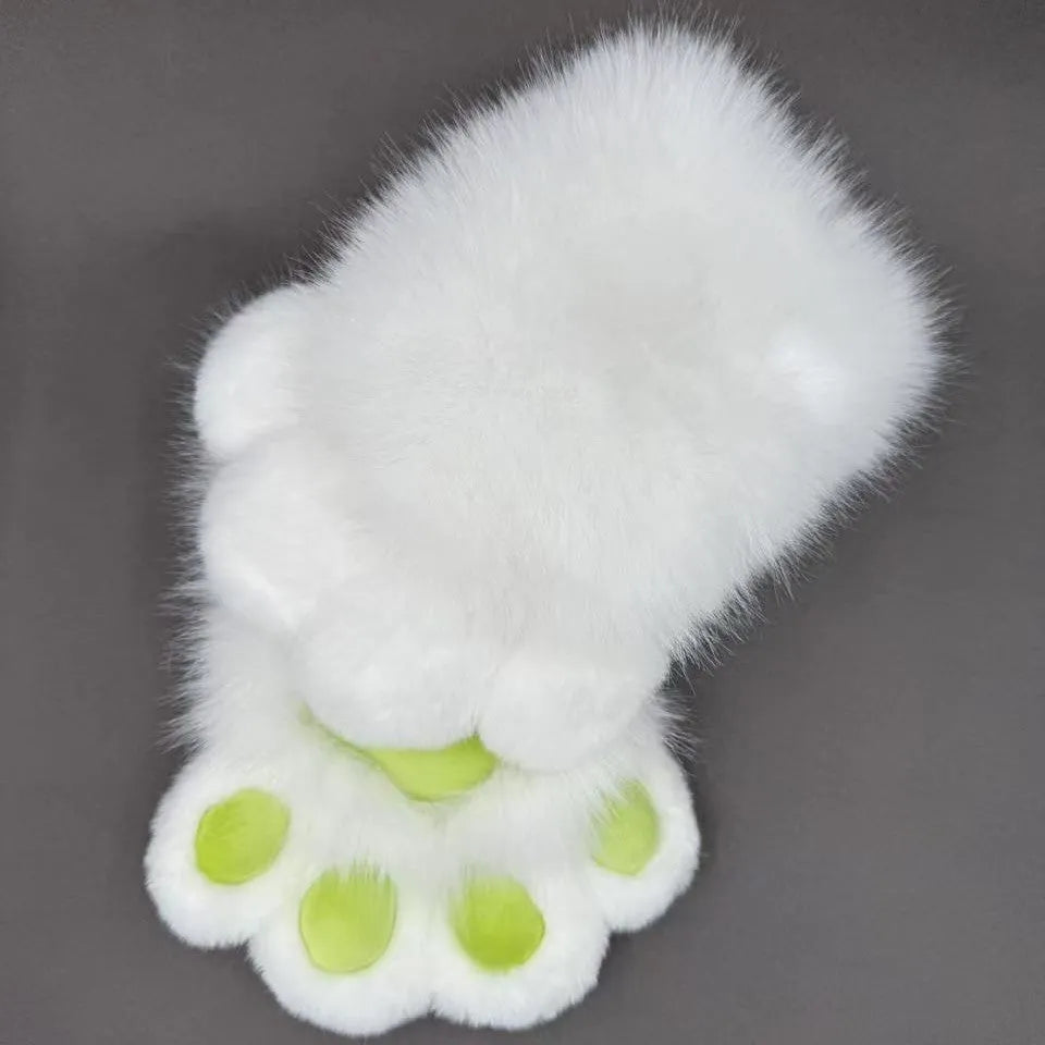 A pair of fingerless animal claw cosplay gloves in a white and pink colour combination with a coloured pad on the back.
