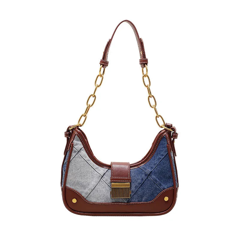 Brown denim women's shoulder bag with diamond mesh overlay and chain detailing