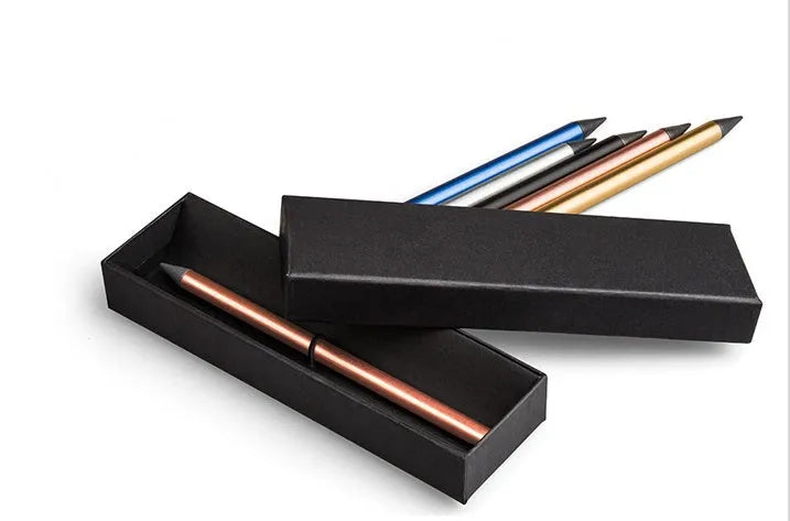 Inkless metal pen with special alloy steel nib in 0.5mm line width, shown in multiple colour options