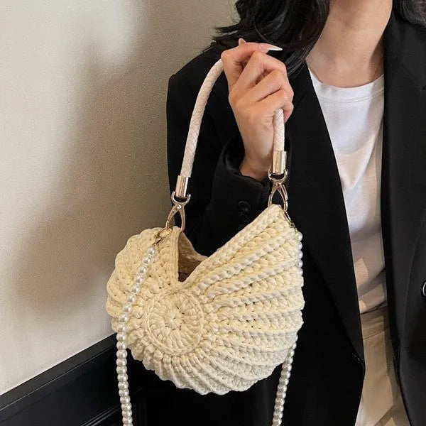 Handmade woven bag women's shell shape cloth crossbody double shoulder straps Milky White finished product