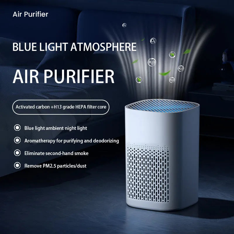 Simple style desktop air purifier with USB port and filter for small rooms.