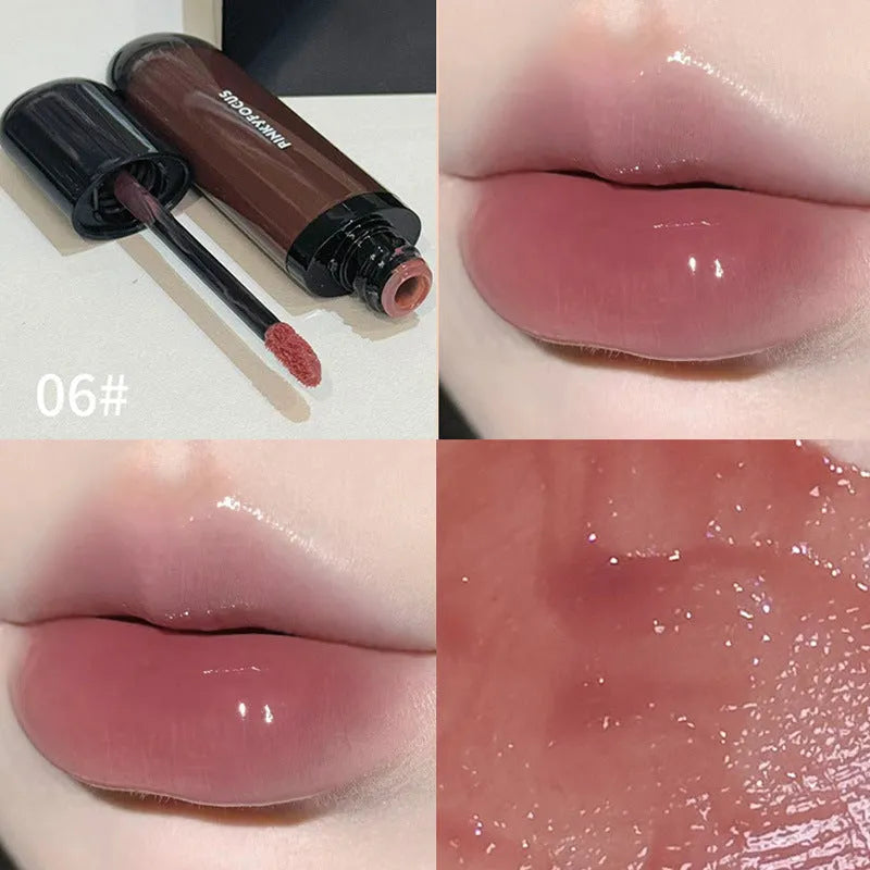 Black Citrus Mirror Lip Lacquer tube showcasing six colour shades: Black Tomato, Orange Brown, Bean Paste, Rose, And Red, Sweet Potato.