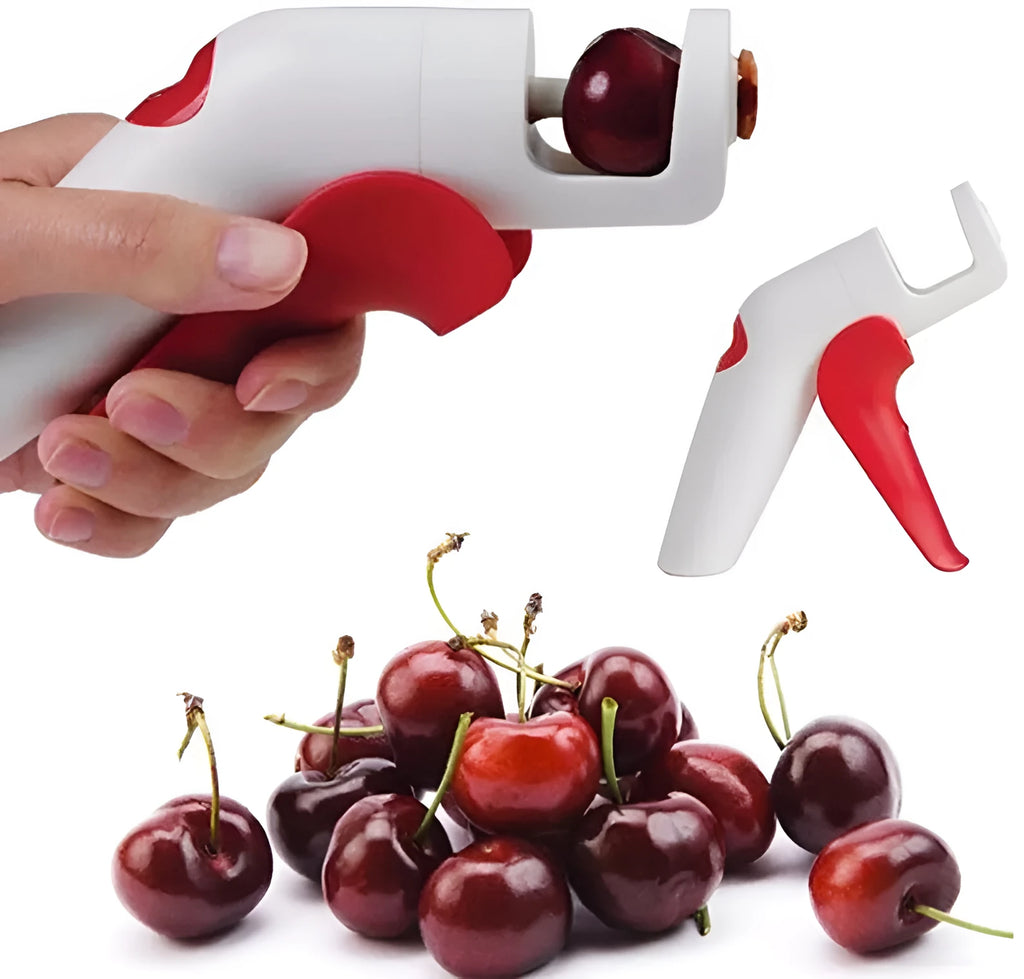 Cherry and olive pitting tool with red silicone handles and stainless steel mechanism