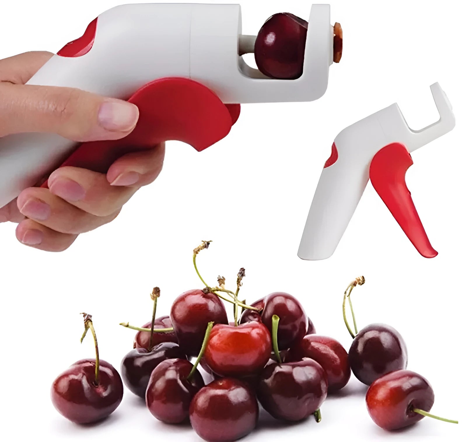 Cherry and olive pitting tool with red silicone handles and stainless steel mechanism