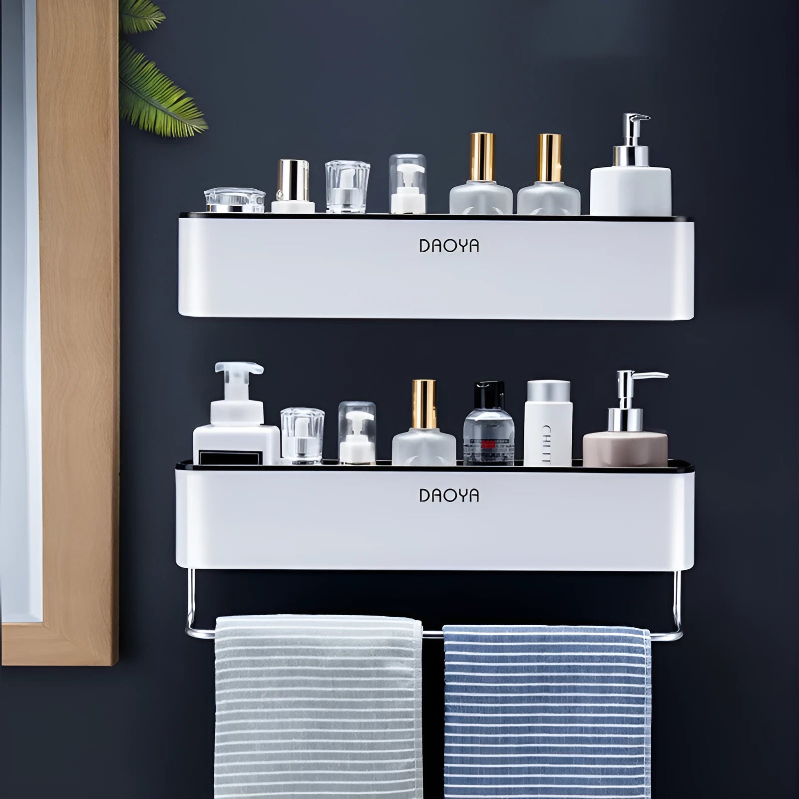 Adhesive plastic wall-mounted bathroom shelf in black or grey, holding shampoo and shower gel bottles.