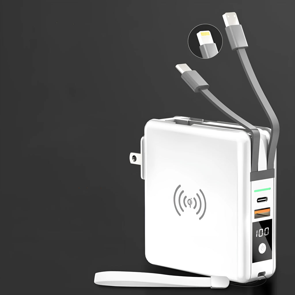 Black and white portable power bank with PD20W fast charging, wireless function, and built-in international plug adapters.
