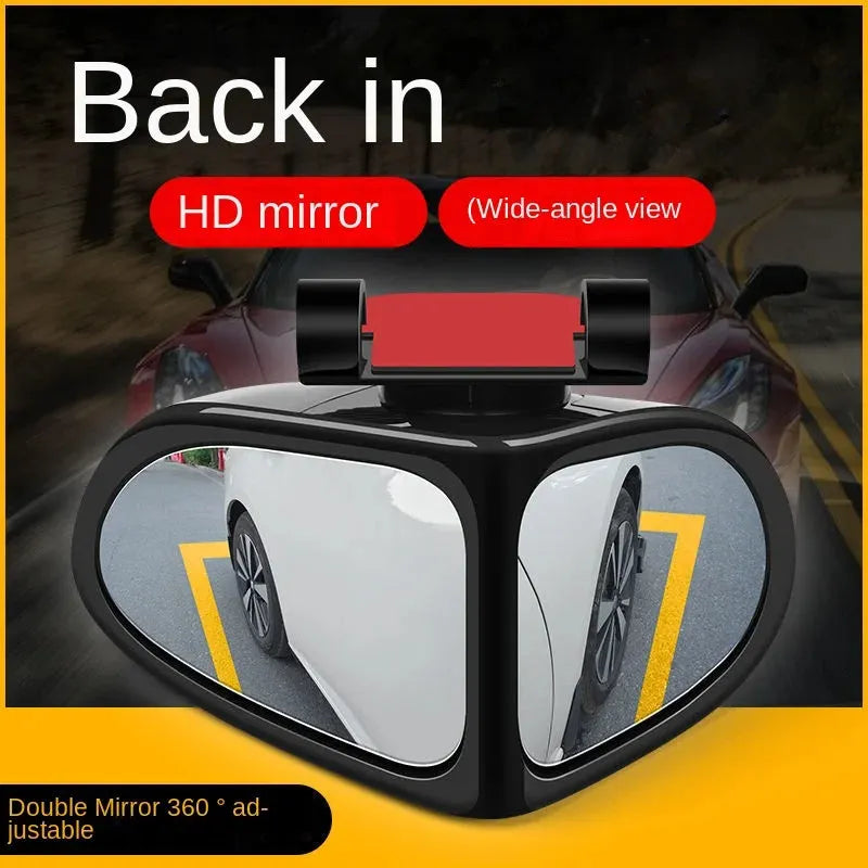 Adjustable wide-angle car reversing mirror in black, shown with adhesive backing.