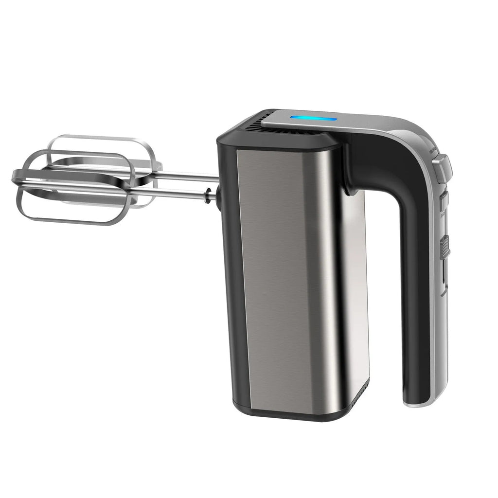 Silver handheld electric kitchen whisk with stainless steel beaters and five-speed control