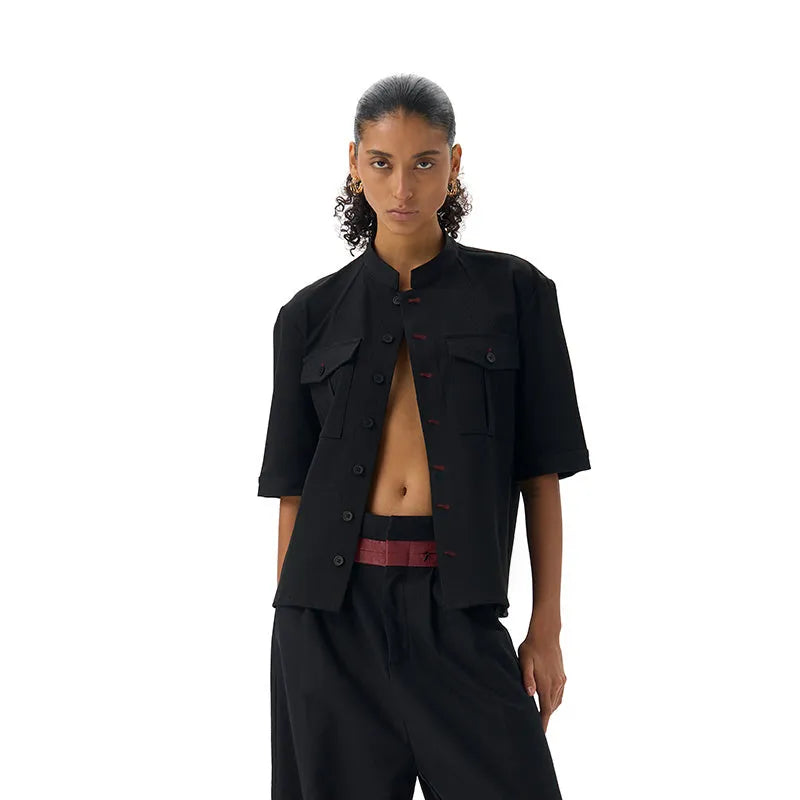 Handmade black half-sleeve hunting shirt with shirt collar and single-breasted placket