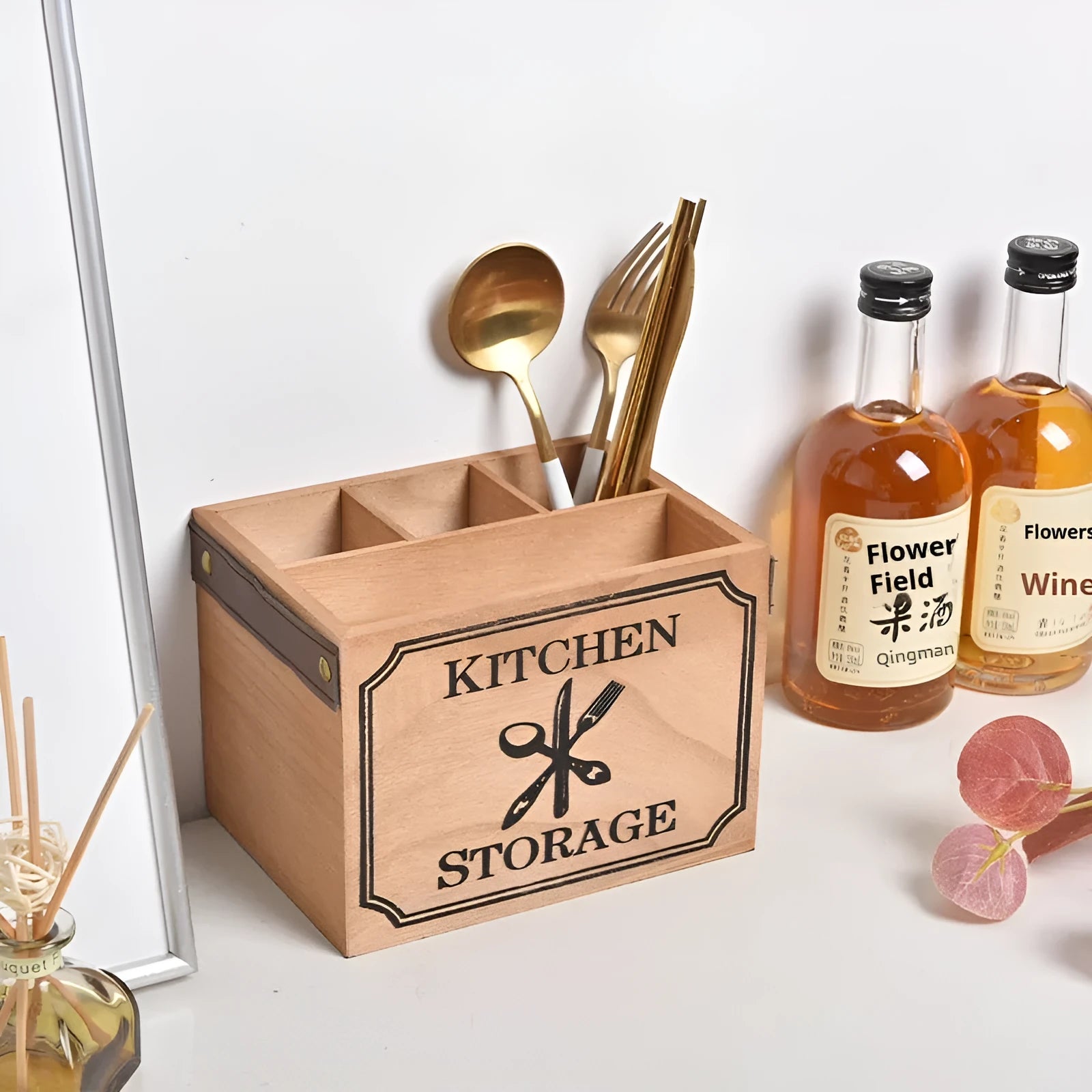 Wooden kitchen storage box for cutlery and chopsticks with divider grids