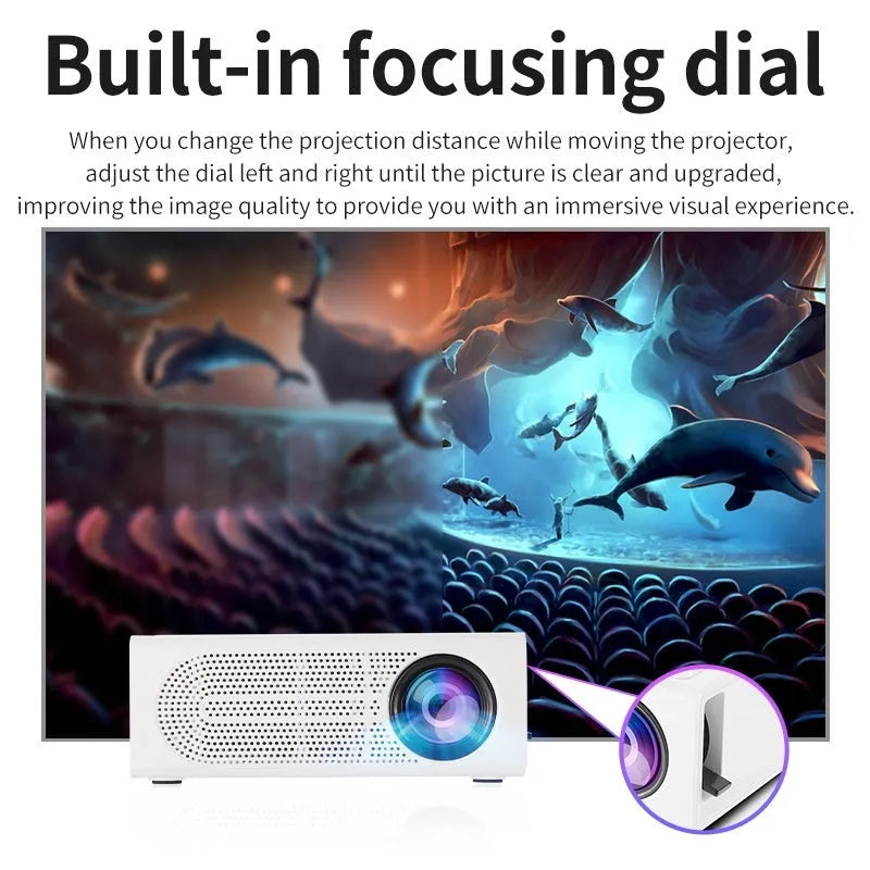 Portable mini projector in black with wired mobile phone connection and UK plug