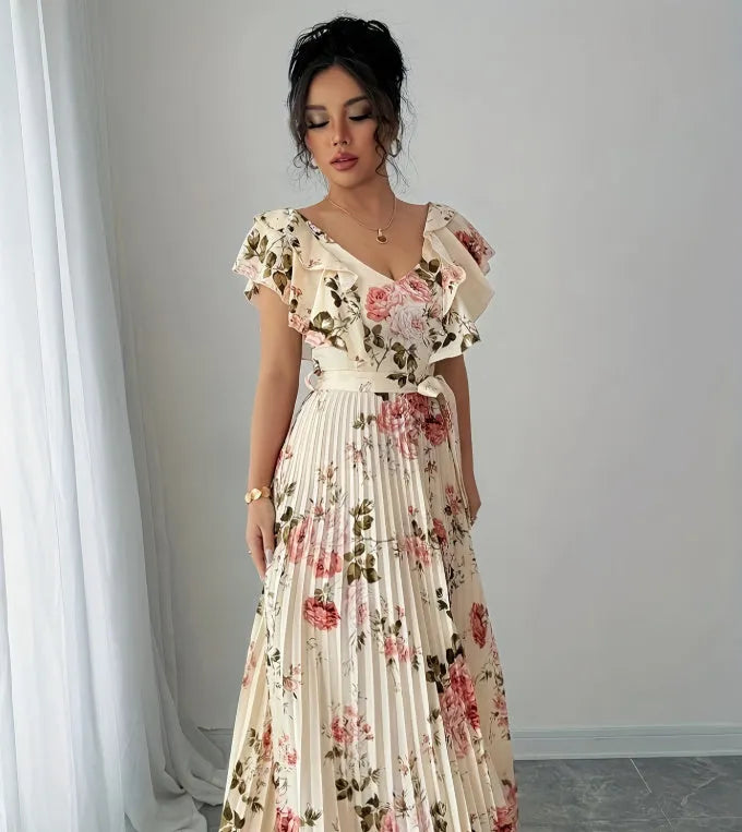 Women's apricot floral print V-neck dress with oversized swing skirt and ruffle sleeves